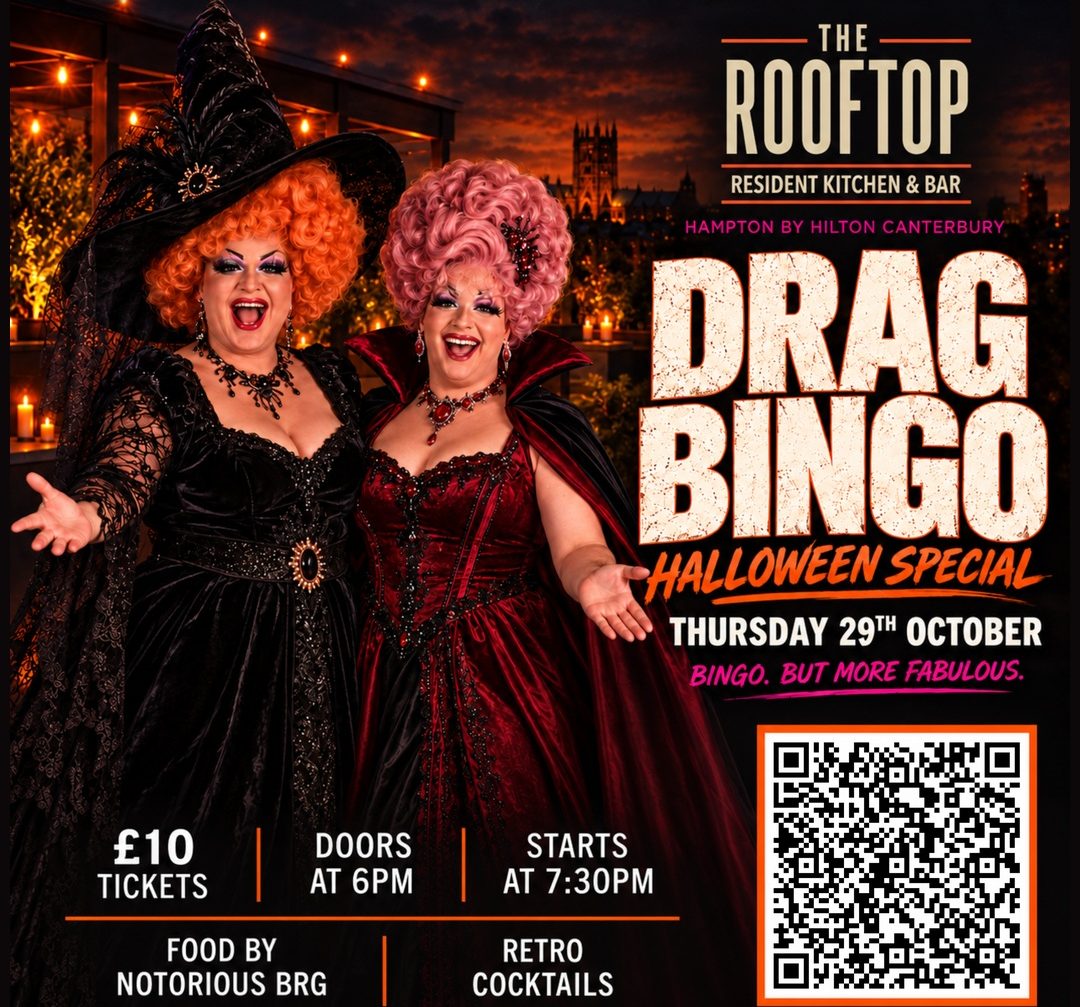 Drag Bingo Halloween Special poster: two drag hosts in witch and vampire costumes on the Rooftop terrace. Thursday 29th October, £10 tickets, doors at 6pm, starts at 7:30pm.