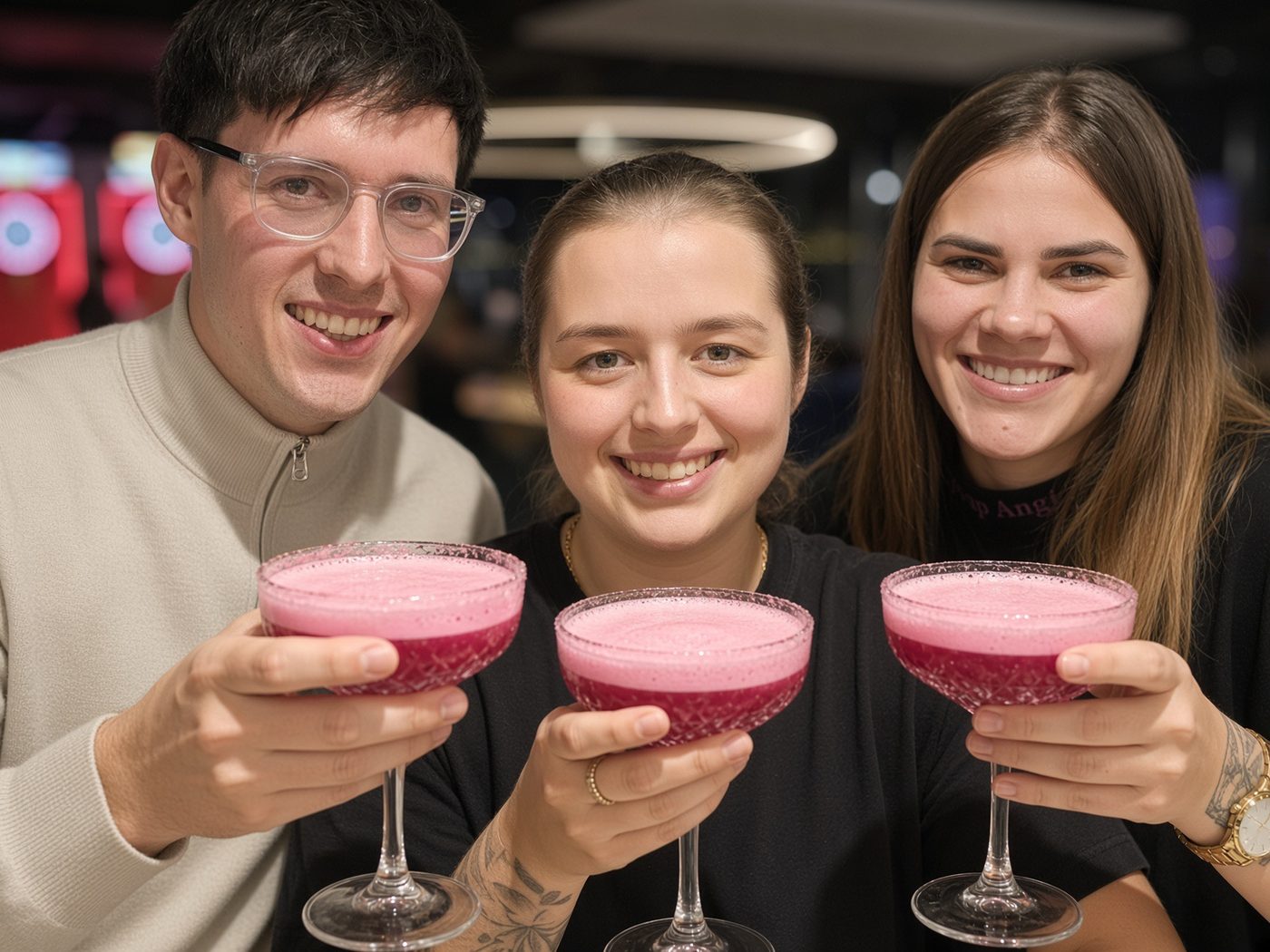 Three friends hold up pink cocktails in coupe glasses