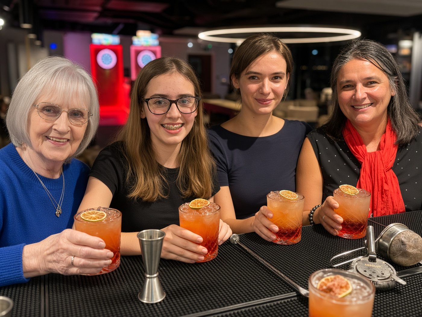 A group of friends raise the cocktails they made at the bar